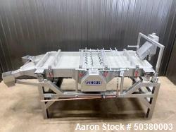 Used Incus Vibratory Screener, Model 333. With spray bars; 2" product inlet; 4" drain; (2) 5.5" x 5.5" discharge chutes; Stainless steel frame