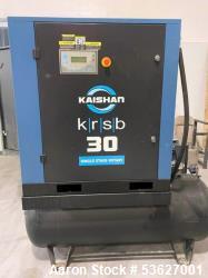 Used Kaishan Single Stage Rotary Screw Air Compressor, Model KRST-030A3F2S8U. Rated 160 psi; 120 gallon air receiver tank. 30 HP, 3/230V. With a Zeks dryer, model 125HSJA100. 200 psig mawp. Reported to have 7450 hours.