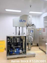 Used Olsa Vacuum Mixer Homogenizer, Model MACEF PH 50 B. 50 liter maximum capacity; 12.5 liter minimum working capacity; Stainless steel; Shell rated 220/FV kPa (31.9 psi) at 156 Celsius (312.8 F); Jacket rated 450 kPa (65.3 psi) at 156 Celsius (312.8 F); (3) agitators; Anchor agitator with side and bottom scrappers; Contra-rotating agitator with horizontal blades, coaxial with he anchor; Fast bottom mounted agitator; 1.5" Tri-clamp discharge outlet; With CIP. 5.4 HP homogenizer motor, 2 HP int